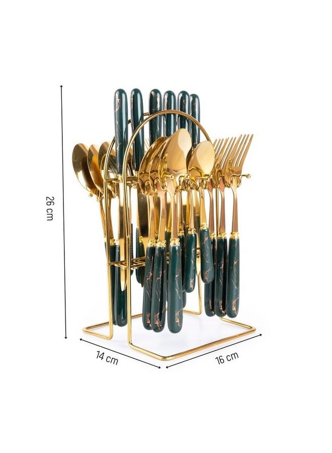MGeezz Stainless Steel Spoons, Forks & Knives Set of 24 with Stand and Ceramic Handle (Forest Green) - Image 2