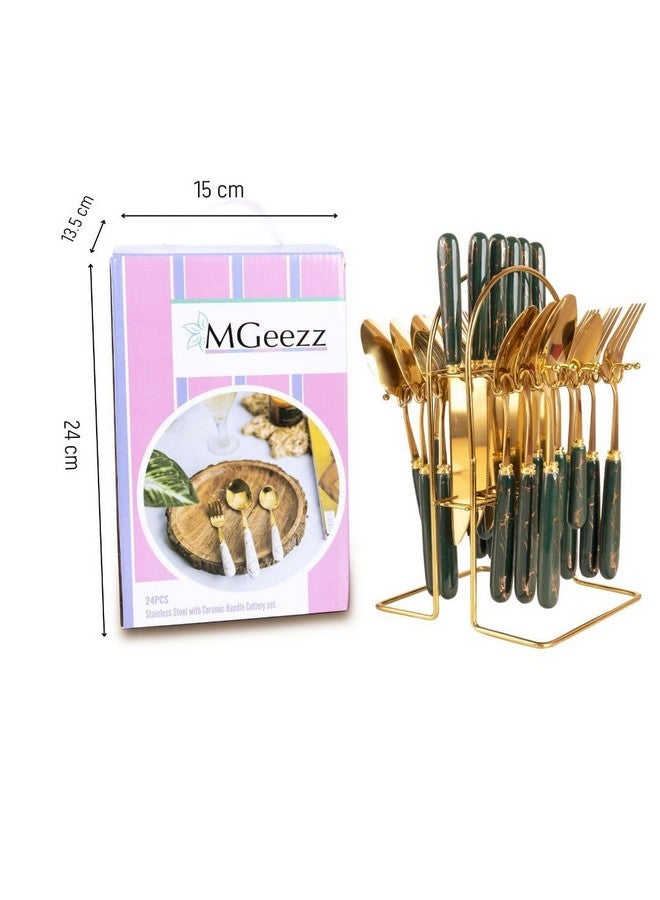 MGeezz Stainless Steel Spoons, Forks & Knives Set of 24 with Stand and Ceramic Handle (Forest Green) - Image 4
