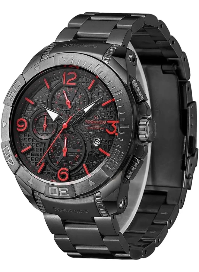 TORNADO Tornado Men Japan Quartz Movement Watch, Multi-Function Display And Stainless Steel Strap - T8100-BBBBR, 45 Black