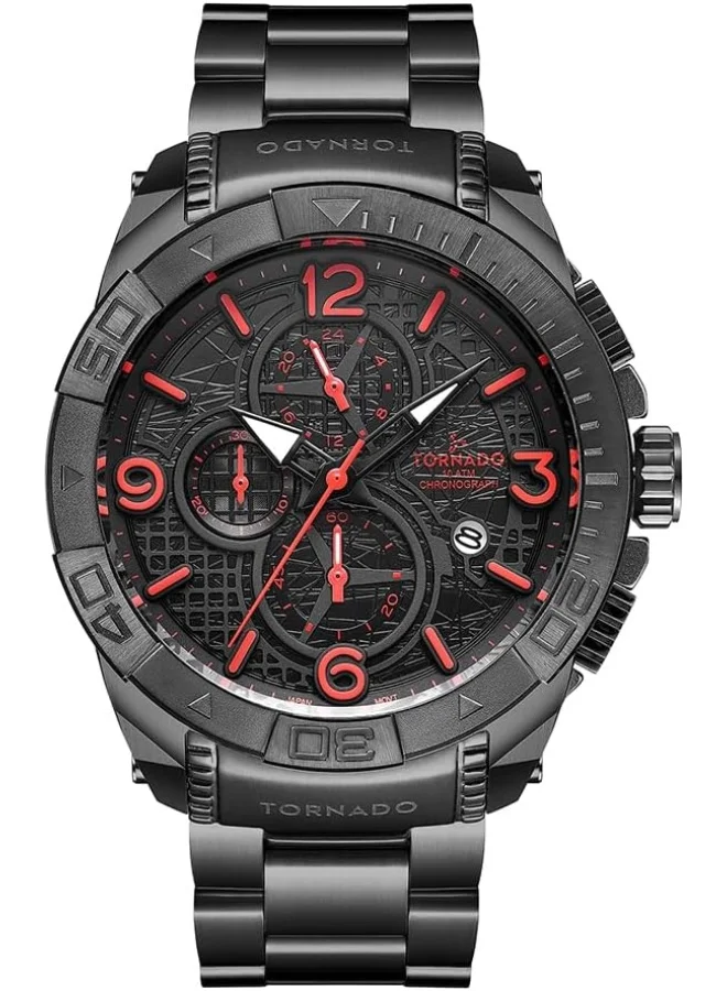 TORNADO Tornado Men Japan Quartz Movement Watch, Multi-Function Display And Stainless Steel Strap - T8100-BBBBR, 45 Black