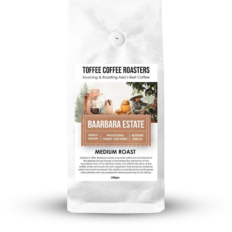 Toffee Coffee Roasters | Baarbara Estate Coffee | Single Origin Arabica Light to Medium Roast, Coffee Notes: Dry Almond, Coco and Honey, Grind: Whole Beans, Freshly Roasted Coffee - 250 gms - Image 1