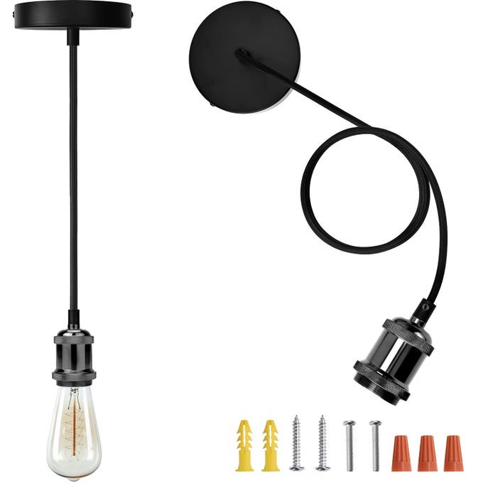 PENDANT LIGHT KIT UL LISTED CANOPY KIT COPPER SOCKET E26 E27 LAMPHOLDER BLACK WOVEN FABRIC PENDANT LIGHT CORD ADJUSTABLE CEILING LIGHTING PEARL BLACK