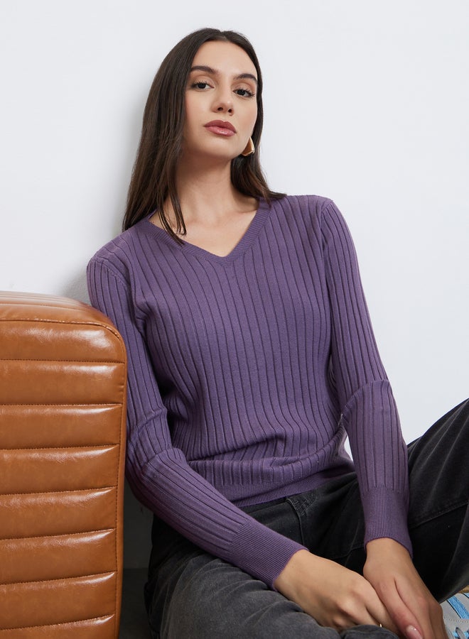Styli Purple Regular Fit Wide Ribbed Sweater - Image 1