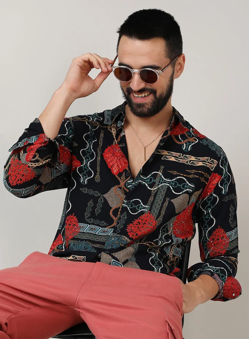 Campus Sutra Men's Crimson Red & Teal Green Artistic Block Shirt For Casual Wear | Spread Collar | Long Sleeve | Button Closure | Shirt Crafted With Comfort Fit For Everyday Wear