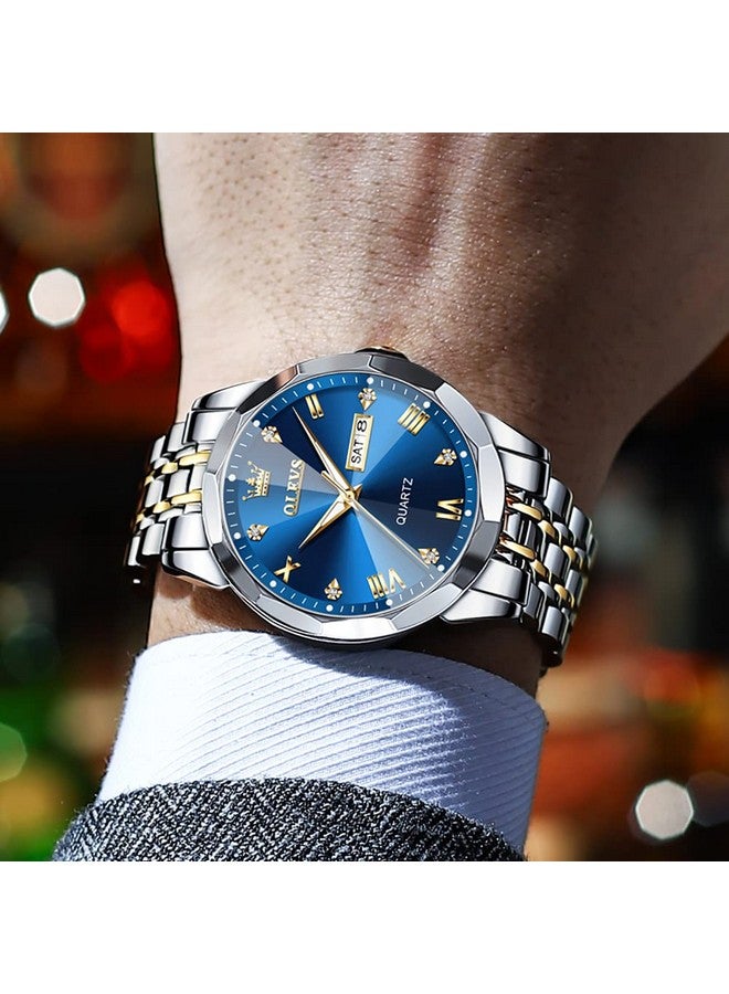 أوليفز ساعة OLEVS للرجال أنالوج كوارتز رسمية مرصعة بالألماس ساعات عمل ثنائية اللون من الفولاذ المقاوم للصدأ مقاومة للماء مضيئة بمؤشر تاريخ ساعة يد فاخرة باللونين الذهبي والأزرق - Image 4