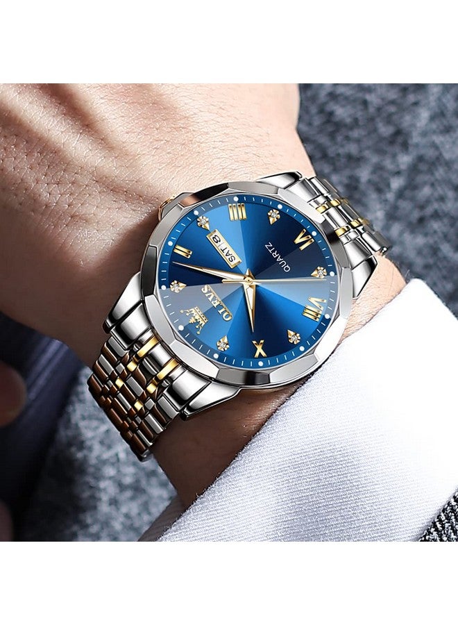 أوليفز ساعة OLEVS للرجال أنالوج كوارتز رسمية مرصعة بالألماس ساعات عمل ثنائية اللون من الفولاذ المقاوم للصدأ مقاومة للماء مضيئة بمؤشر تاريخ ساعة يد فاخرة باللونين الذهبي والأزرق - Image 5