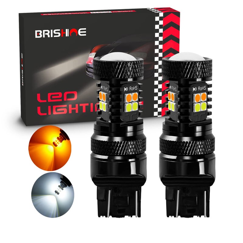 مصابيح LED BRISHINE 7443 Switchback فائقة السطوع مع شرائح 3030 بيضاء زينون وصفراء كهرمانية 7444 992 W21W T20 مع بروجيكتور لإشارات الانعطاف - عبوة من 2