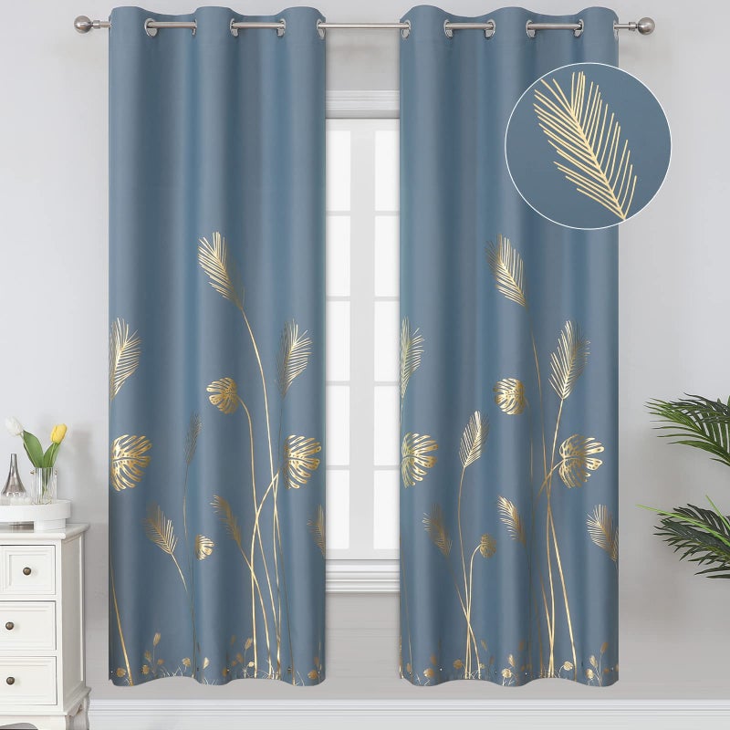 Estelar Textiler Stone Blue Blackout Curtains 72 Inches Long  Grommet Curtains with Gold Palm Tree Pattern  Light Blocking Thermal Insulated Window Drapes for Boys Bedroom  38Wx72L  2 Panels - Image 1