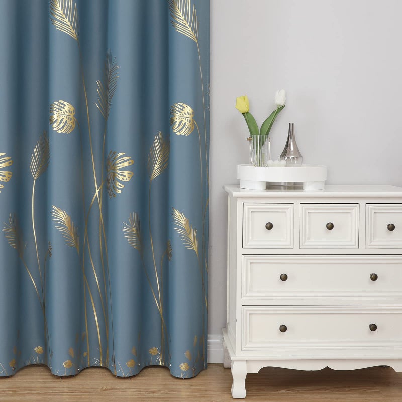 Estelar Textiler Stone Blue Blackout Curtains 72 Inches Long  Grommet Curtains with Gold Palm Tree Pattern  Light Blocking Thermal Insulated Window Drapes for Boys Bedroom  38Wx72L  2 Panels - Image 2