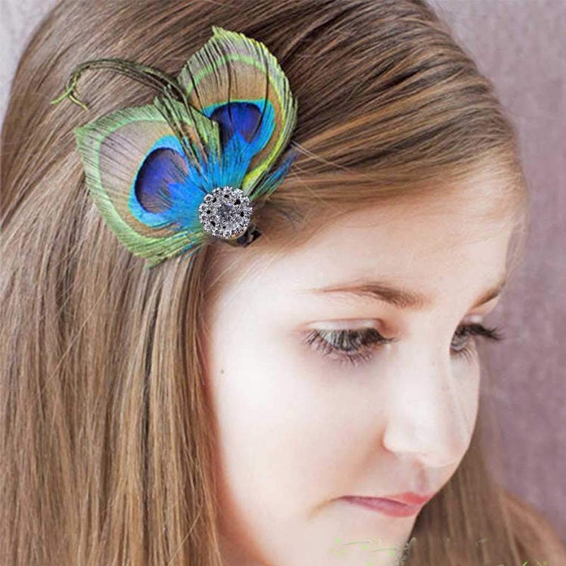 Dreamin Acenail Boho Peacock Crystal Hair Accessory  Feather Hair Clips and Barrettes for Women and Girls 