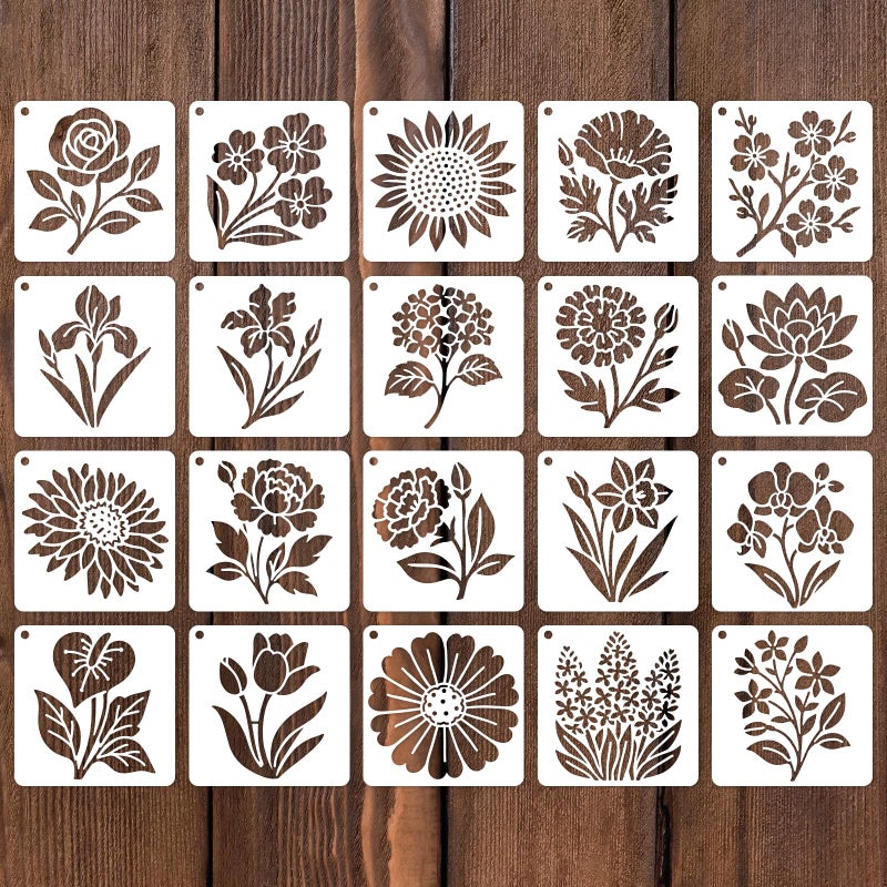 lasuroa 20pcs Flower Stencils for Painting, 3 Inch Reusable Sunflower Plant Botanical Floral Wildflower Templates for Wood Nature Fence Walls DIY Crafts T-Shirts Canvas & Floor Decor - Image 1