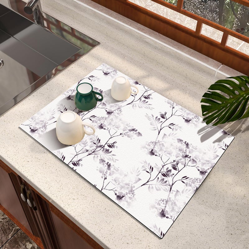 ARTBLOSS Dish Drying Mat, Diatomaceous Earth Soft Coffee Mat, Absorbent Silicone Dish Drying Mat for Kitchen Counter or Sink for Kitchen Bathroom Coffee Bar (Inked Flower, 12 x 16 Inches) - Image 1