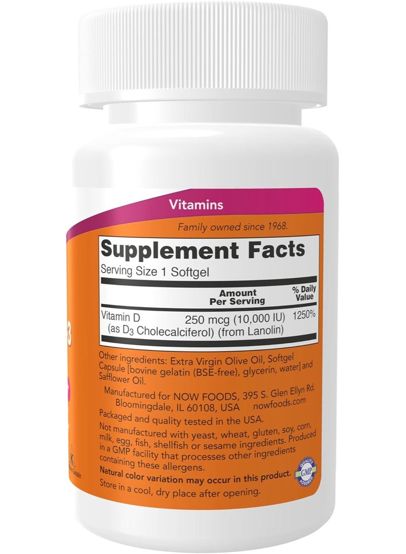 now Supplements, Vitamin D-3 10,000 IU, Highest Potency, Structural Support, 30 Softgels - Image 2