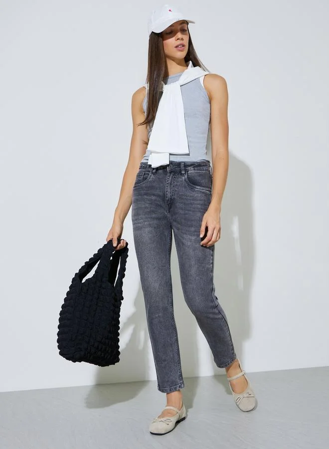 Styli Charcoal Mid Rise Washed Ankle Length Slim Fit Jeans for Women | Best Price UAE