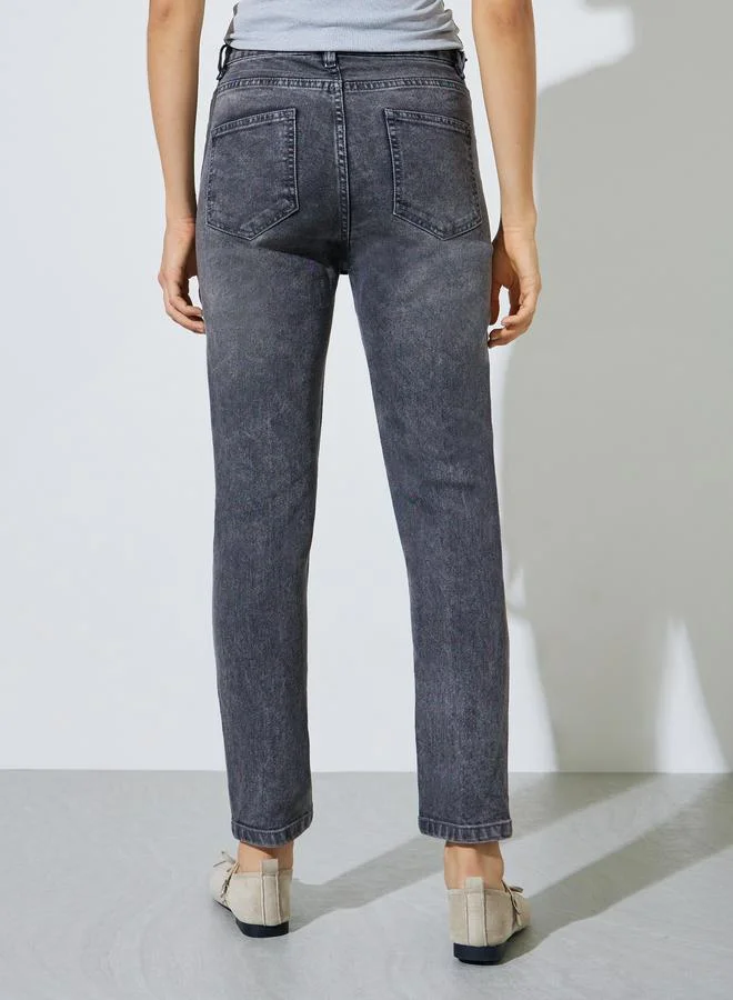 Styli Charcoal Mid Rise Washed Ankle Length Slim Fit Jeans for Women | Best Price UAE