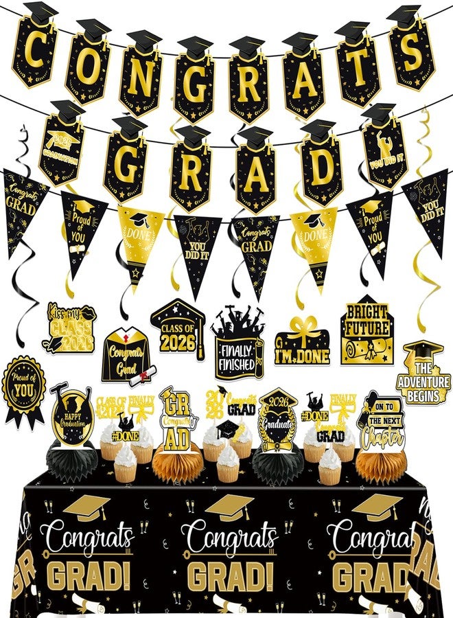 PTFNY Graduation Decorations 2026 Congrats Grad Banner Graduation Tablecloth Hanging Swirls Honeycomb Centerpieces Cupcake Toppers 2026 Graduation Party Supplies for High School College Black Gold - Image 1