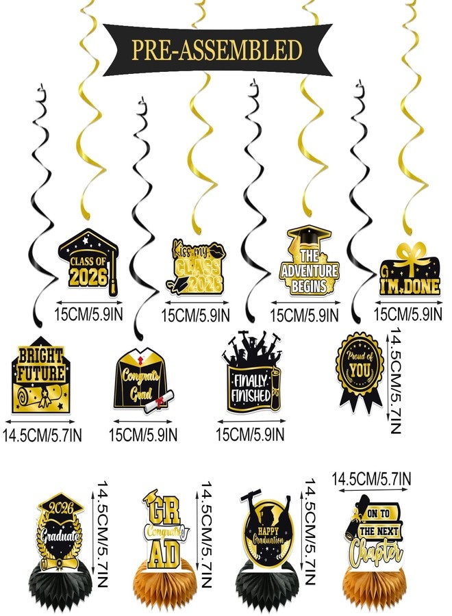 PTFNY Graduation Decorations 2026 Congrats Grad Banner Graduation Tablecloth Hanging Swirls Honeycomb Centerpieces Cupcake Toppers 2026 Graduation Party Supplies for High School College Black Gold - Image 3