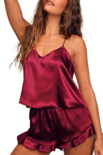 Ekouaer Satin Pajama Set for Women Silk Pjs for Women Set Camisole Top and Shorts with Ruffle Sleepwear Wine Red - Image 1