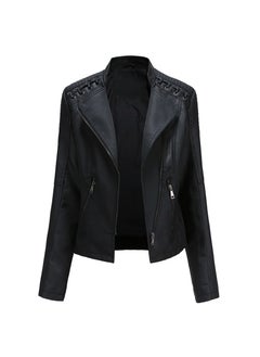 Loquat 2023 New Women's Leather Short Jacket Slim Fit Thin Leather Coat Black  - Image 1
