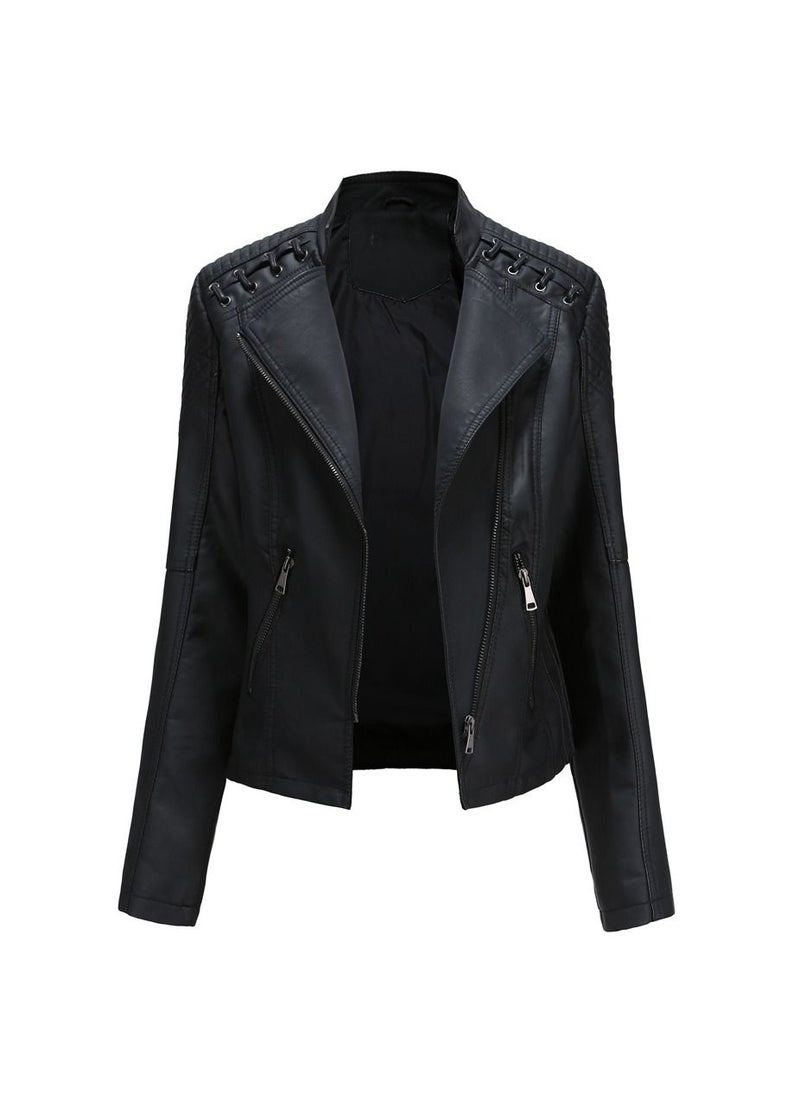 Loquat 2023 New Women's Leather Short Jacket Slim Fit Thin Leather Coat Black  - Image 1