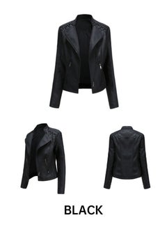 Loquat 2023 New Women's Leather Short Jacket Slim Fit Thin Leather Coat Black  - Image 2