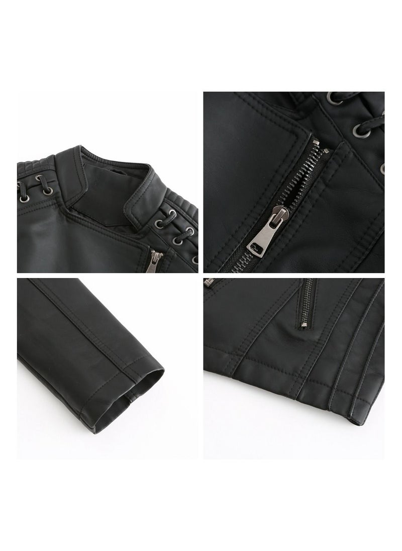 Loquat 2023 New Women's Leather Short Jacket Slim Fit Thin Leather Coat Black  - Image 3