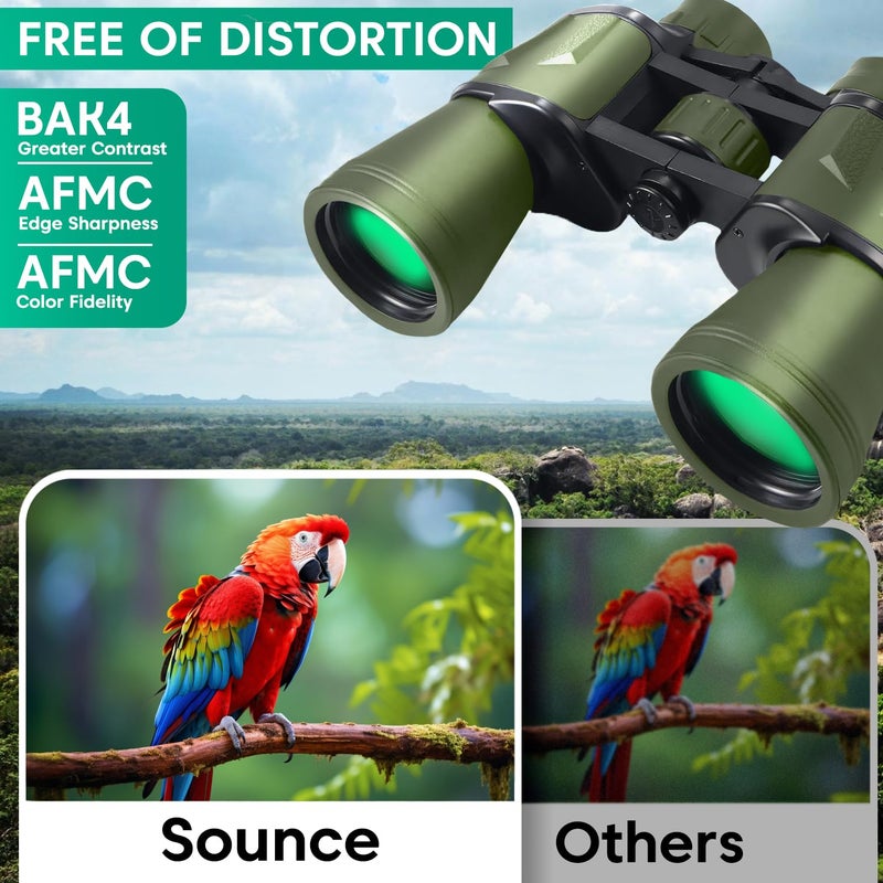 Sounce منظار 12x50 عالي القوة للمشاهدة عن بُعد – عدسة عينية واسعة 24 مم، منشور BAK-4 وطلاء أخضر FMC – مناظير متينة للبالغين مثالية لمشاهدة الطيور – أخضر - Image 5
