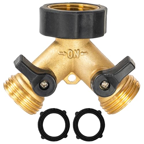 Hourleey Brass Garden Hose Splitter 2 Way, 3/4 Inch Hose Connector Tap Splitter, Hose Y Splitter, Hose Spigot Adapter 2 Valves with Extra Rubber Washers (1) - Image 1