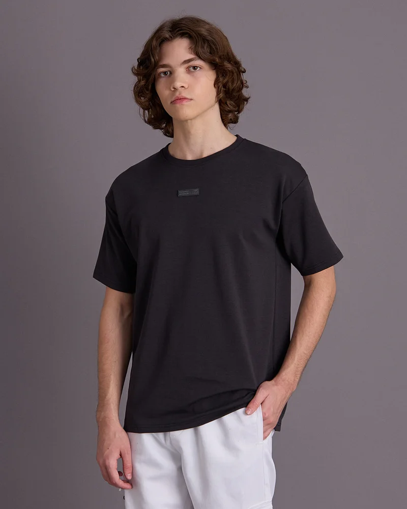 Redtag Senior Boys Black Plain T-Shirt
