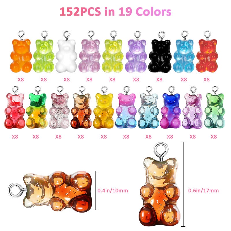 Linkstyle 152PCS 3D Gummy Bear Charms, 19 Colors Gradient Bear Earring Bracelet Nacklace Pendants, Resin Beads Shaped Clay Pendants for DIY Jewelry Making Keychains Crafting Gifts - Image 2