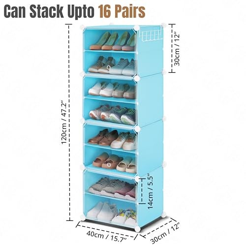 ABOUT SPACE Shoe Rack Organizer - 12 Layer Shoe Stand with Hanger & Door for Home - DIY 16 Pair Portable, Expandable 4 Cube Shoe Stand for Women, Men, Outdoor (Blue- L 80 x B 30 x H 90 cm) - Plastic - Image 2