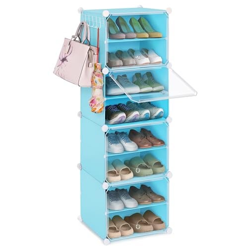 ABOUT SPACE Shoe Rack Organizer - 12 Layer Shoe Stand with Hanger & Door for Home - DIY 16 Pair Portable, Expandable 4 Cube Shoe Stand for Women, Men, Outdoor (Blue- L 80 x B 30 x H 90 cm) - Plastic - Image 1