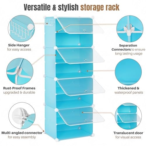 ABOUT SPACE Shoe Rack Organizer - 12 Layer Shoe Stand with Hanger & Door for Home - DIY 16 Pair Portable, Expandable 4 Cube Shoe Stand for Women, Men, Outdoor (Blue- L 80 x B 30 x H 90 cm) - Plastic - Image 3