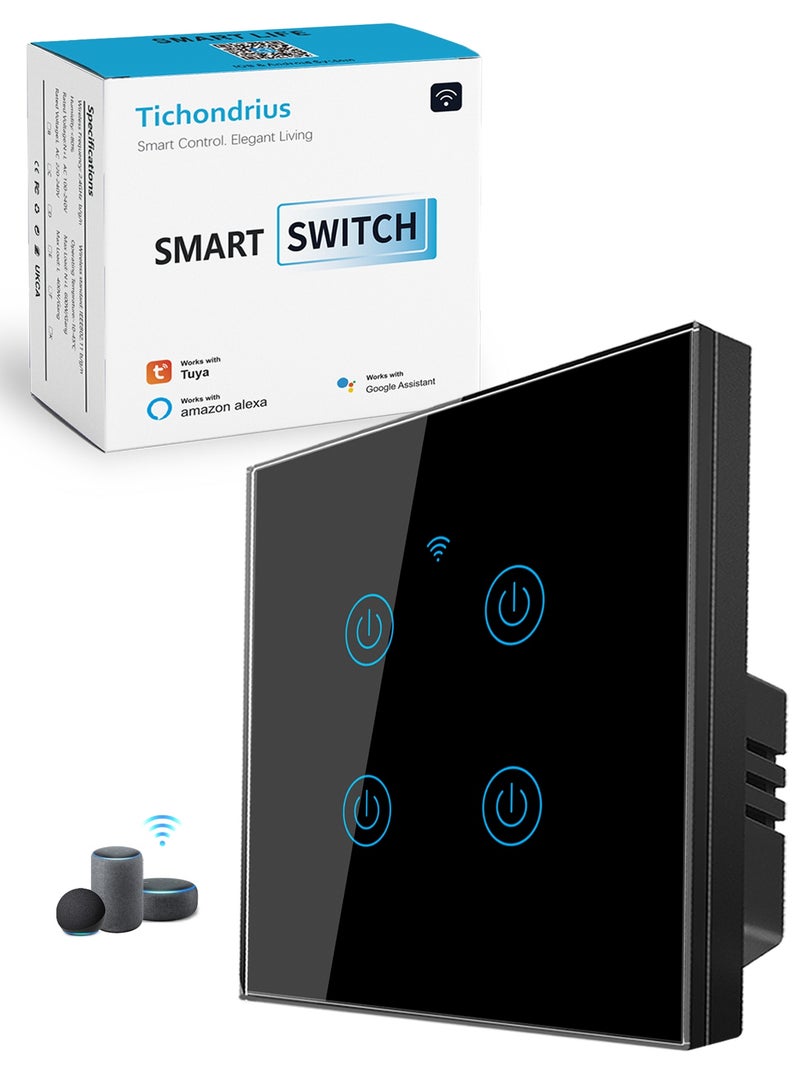 تيكوندريوس مفتاح إضاءة ذكي يعمل بالواي فاي من **Tichondrius**، مفتاح لمس ذكي للإضاءة يعمل مع تطبيق **Tuya Smart**، تحكم عبر الواي فاي والأوامر الصوتية، متوافق مع **Alexa** و **Google Home**، سهل التركيب (أسود – أربعة مفاتيح) - Image 1