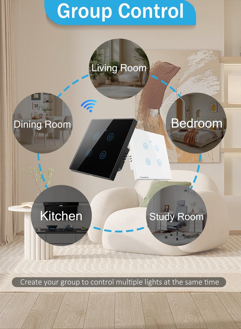 تيكوندريوس مفتاح إضاءة ذكي يعمل بالواي فاي من **Tichondrius**، مفتاح لمس ذكي للإضاءة يعمل مع تطبيق **Tuya Smart**، تحكم عبر الواي فاي والأوامر الصوتية، متوافق مع **Alexa** و **Google Home**، سهل التركيب (أسود – أربعة مفاتيح) - Image 4