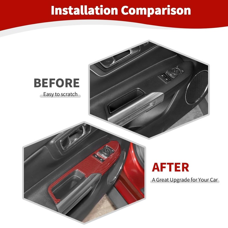 JOSHELA Red Carbon Fiber Power Window Switch Panel Trim Cover for Ford Mustang 2015-2024 - 2pcs - Image 3
