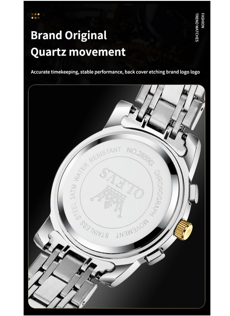 OLEVS - Watches For Men Fashion Stainless Steel Quartz Chronograph Water Resistant Watch Gold and Silver 42mm 2859 - Image 1