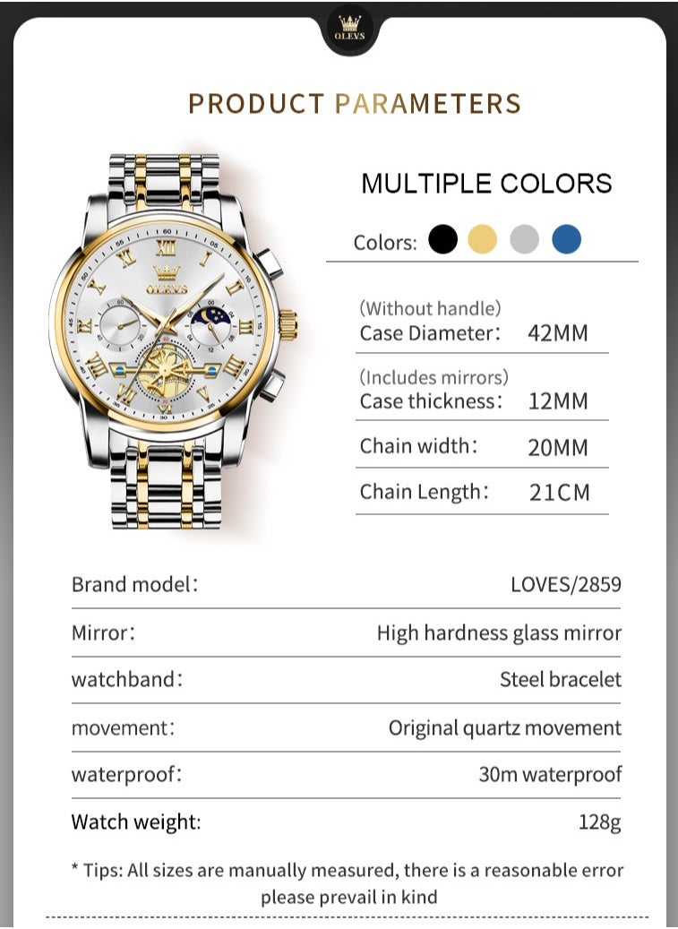 OLEVS - Watches For Men Fashion Stainless Steel Quartz Chronograph Water Resistant Watch Gold and Silver 42mm 2859 - Image 1
