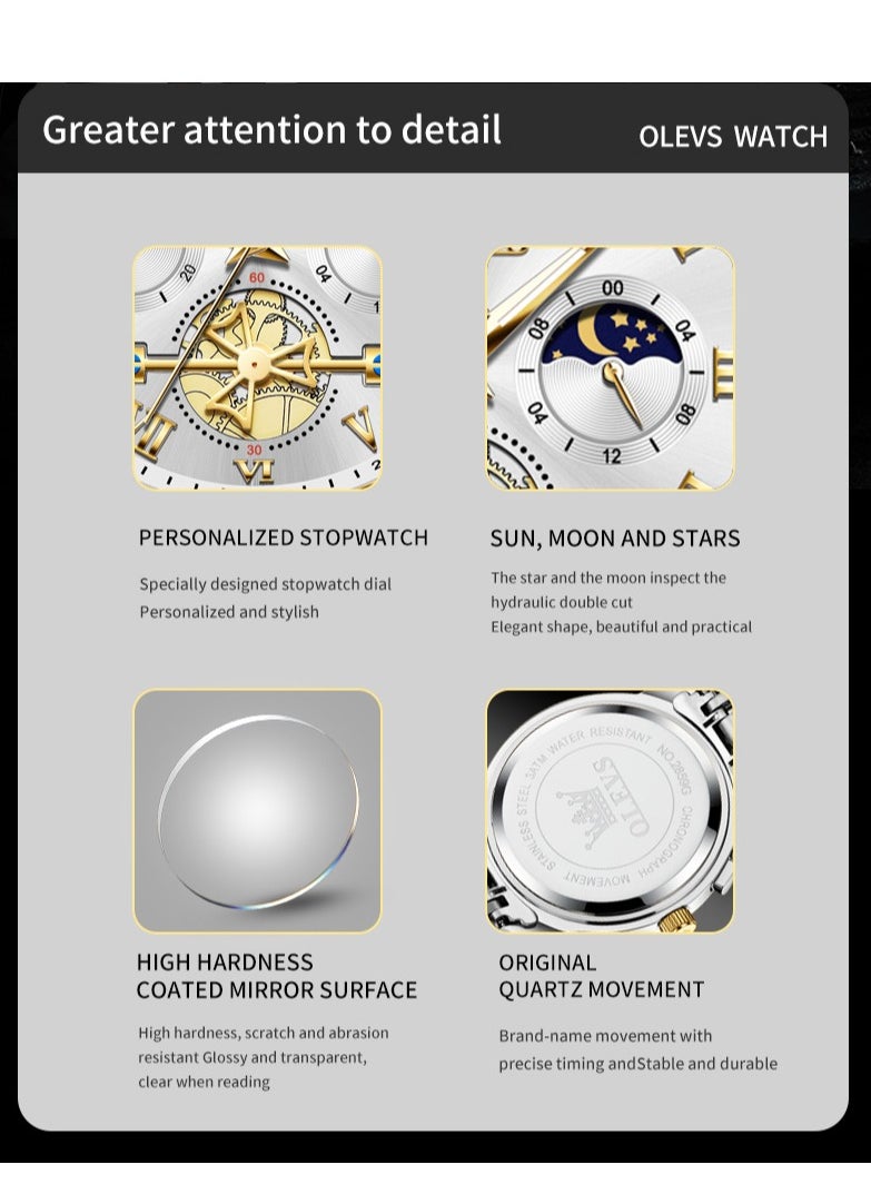 OLEVS - Watches For Men Fashion Stainless Steel Quartz Chronograph Water Resistant Watch Gold and Silver 42mm 2859 - Image 1