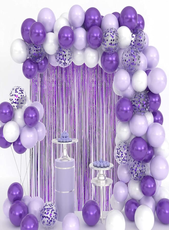 Purple Balloon Garland Kit with Purple and White Balloons, Purple Tinsel Curtain for Wedding Supplies Decorations Birthday Party