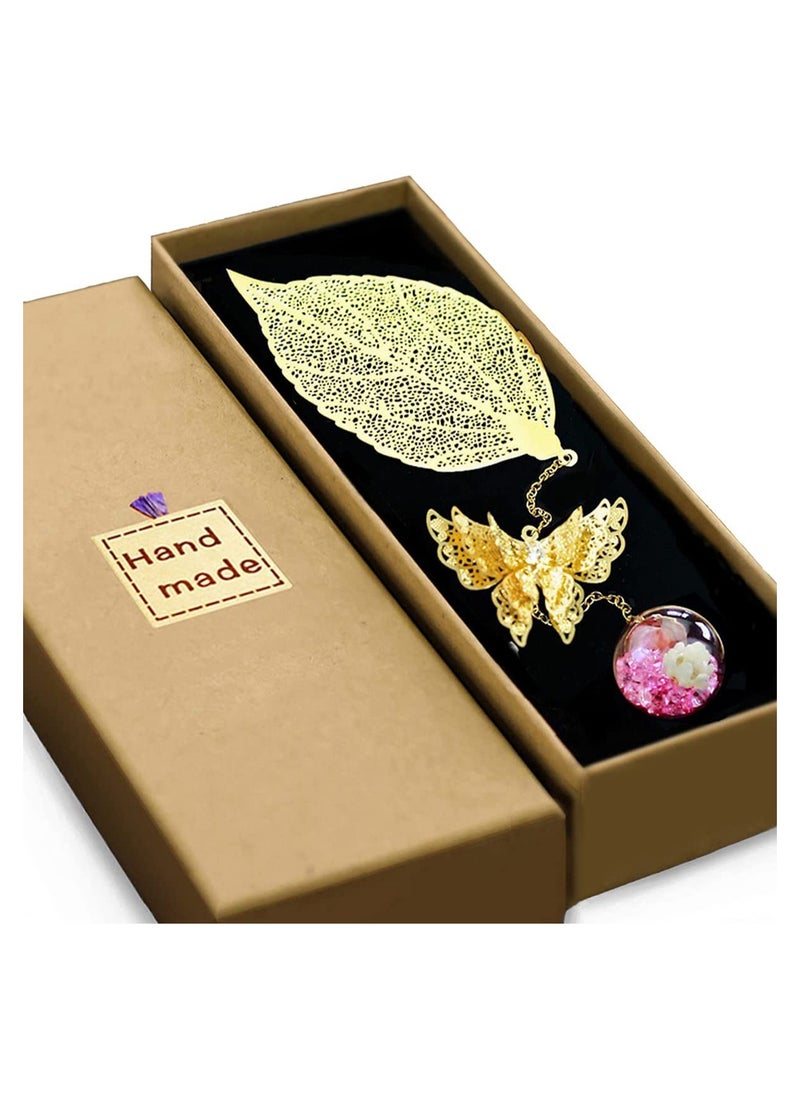 SYOSI - Gift Bookmarks for Women,  Handmade 3D Butterfly and Dried Flower Bead Charms, Pendant Metal Leaf Book Markers Appreciation Mother's Day Gifts for Teachers Students Readers Friends Mom Girls - Image 1