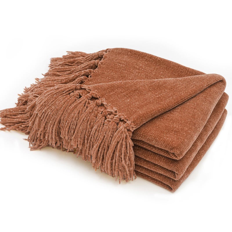 RECYCO Throw Blanket Soft Cozy Chenille Throw Blanket with Fringe Tassel for Couch Sofa Chair Bed Living Room Gift Rust 50 x 60