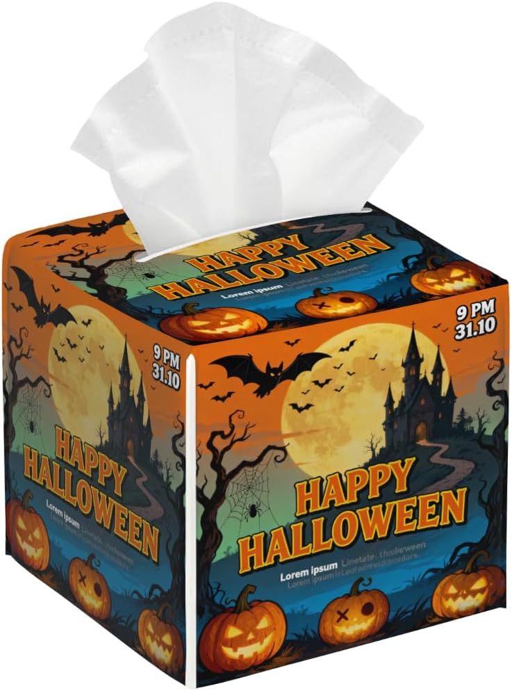Halloween Castle Halloween Pumpkin PU Leather Square Tissue Box Cover - Colorful Decorative Holder for Car, Bathroom, Bedroom & Desk - Image 1