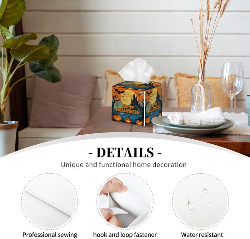 Halloween Castle Halloween Pumpkin PU Leather Square Tissue Box Cover - Colorful Decorative Holder for Car, Bathroom, Bedroom & Desk - Image 3