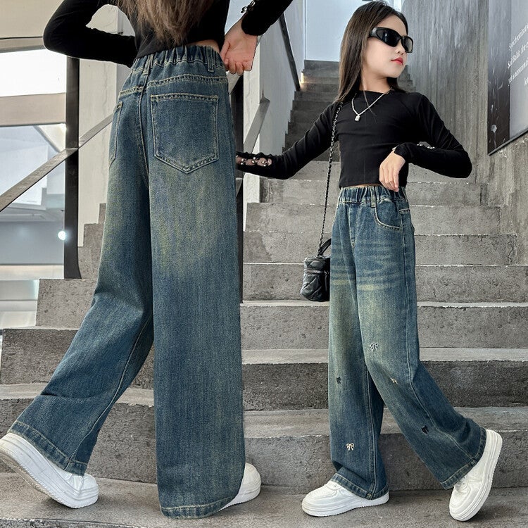 Girls' Jeans Stylish Children'S Pants Korean Style Big Girls Straight Wide-Leg Pants Loose Fit - Image 5