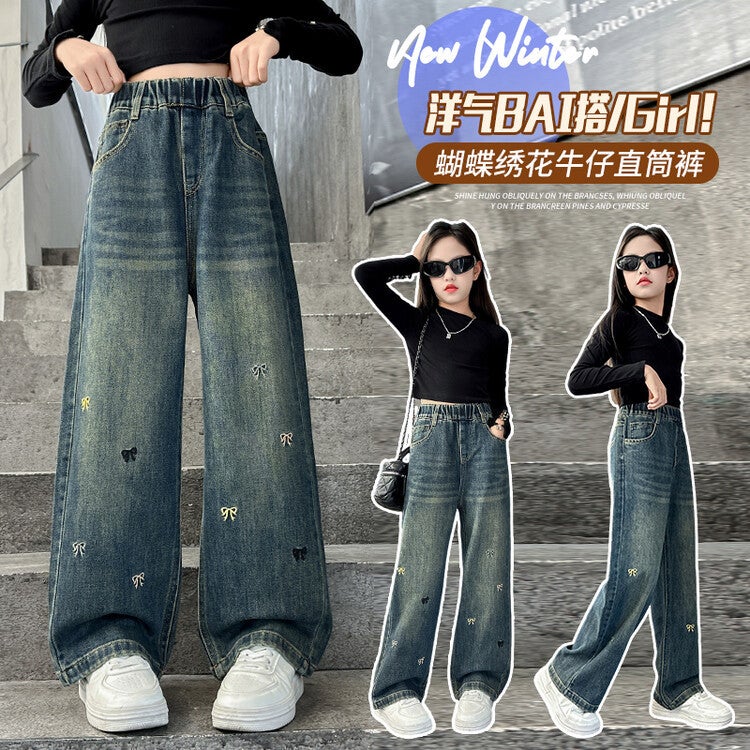 Girls' Jeans Stylish Children'S Pants Korean Style Big Girls Straight Wide-Leg Pants Loose Fit - Image 4