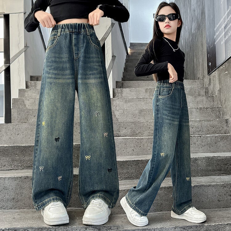 Girls' Jeans Stylish Children'S Pants Korean Style Big Girls Straight Wide-Leg Pants Loose Fit - Image 1