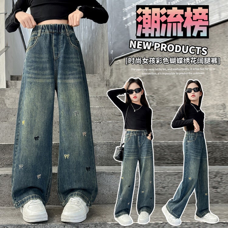 Girls' Jeans Stylish Children'S Pants Korean Style Big Girls Straight Wide-Leg Pants Loose Fit - Image 2