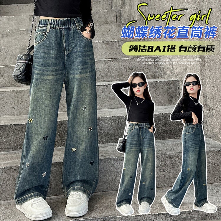 Girls' Jeans Stylish Children'S Pants Korean Style Big Girls Straight Wide-Leg Pants Loose Fit - Image 3