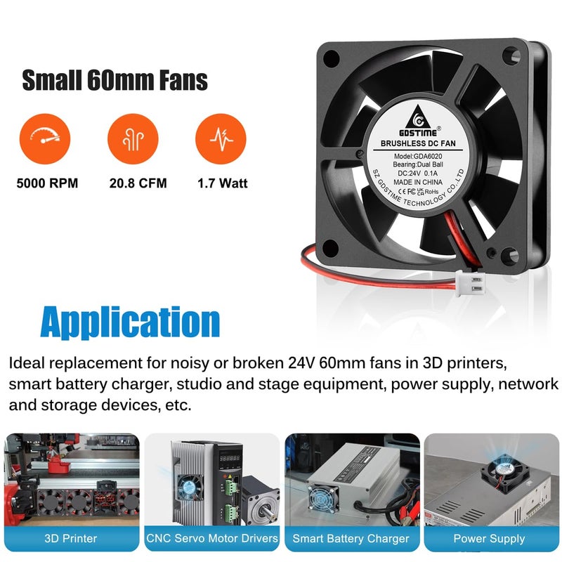 GDSTIME 60mm x 20mm 24V DC Computer Case Brushless Cooling Fan 2 Pin Dual Ball Bearings for Ender 3 Pro 3D Printer Smart Battery Charger Power Supply Storage Devices - Image 2